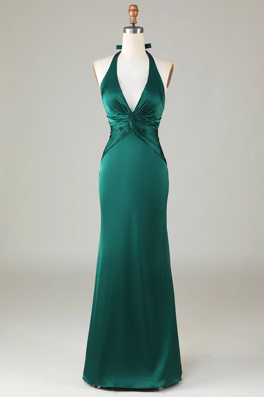 Mermaid Halter Dusty Blue Long Satin Bridesmaid Dress - VNBITS