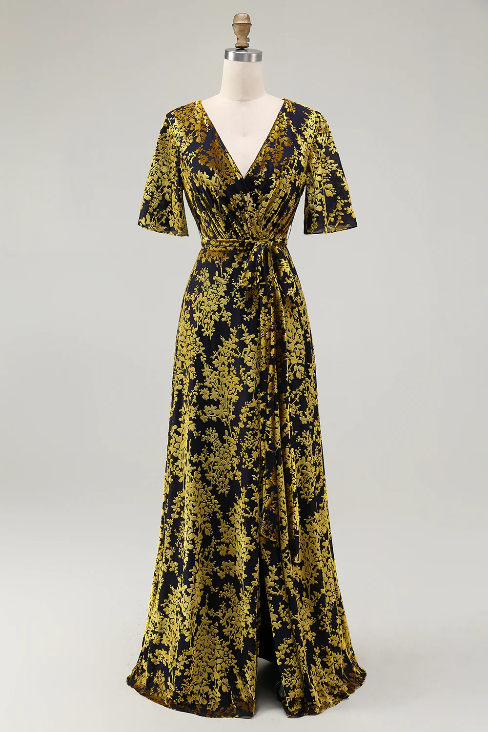 Golden Purple Velvet Burnout V-Neck A-Line Long Wedding Guest Dress - VNBITS
