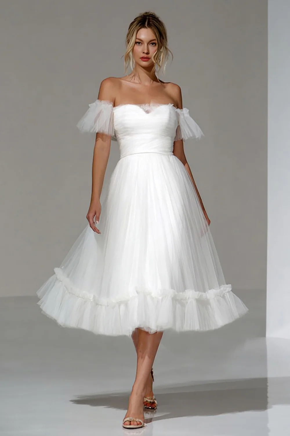 White Off the Shoulder Tulle A Line Midi Engagement Dress - VNBITS