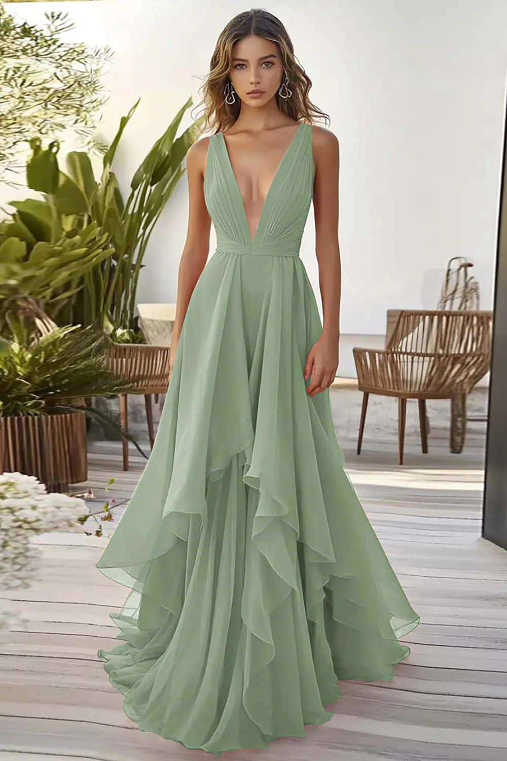 Dusty Blue Chiffon Deep V-Neck A Line Long Wedding Guest Dress with Ruffles - VNBITS