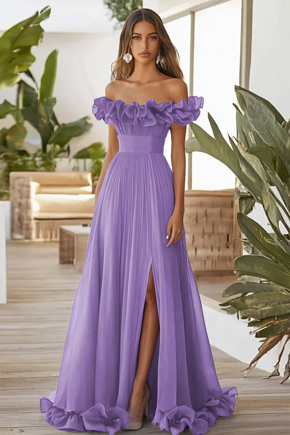 Dark Navy A Line Off the Shoulder Long Formal Dress with Slit - VNBITS