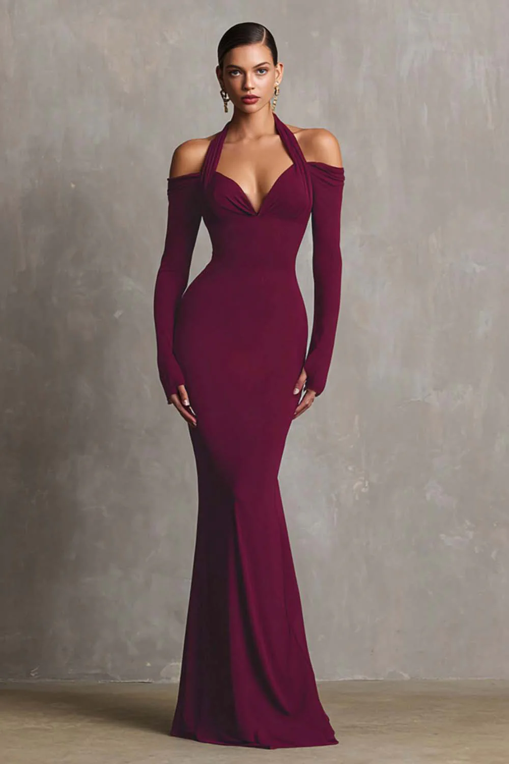 Burgundy Mermaid Halter Long Sleeves Long Formal Dress - VNBITS