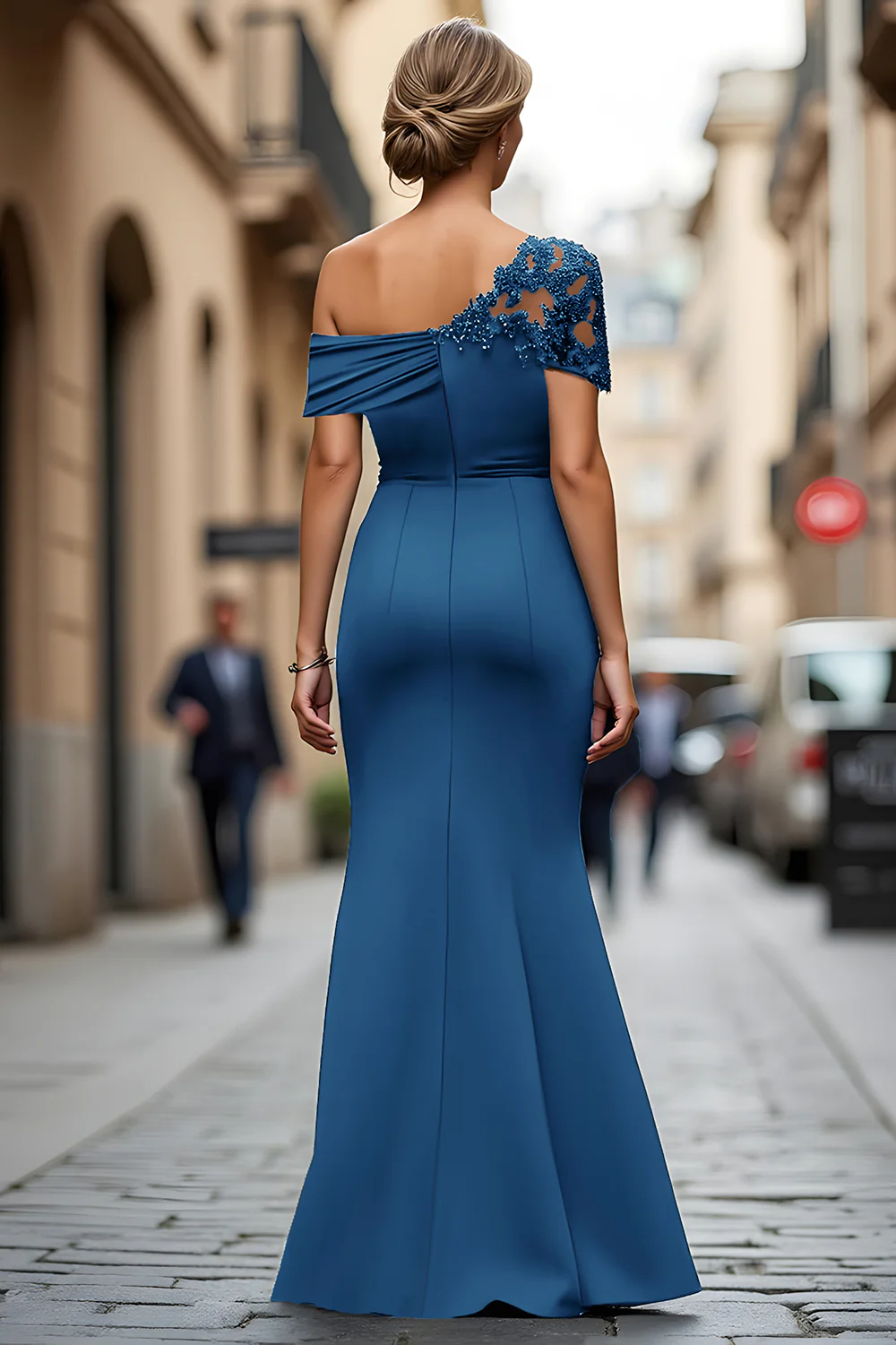 Black One Shoulder Sheath Long Mother of the Bride Dress with Appliques - VNBITS