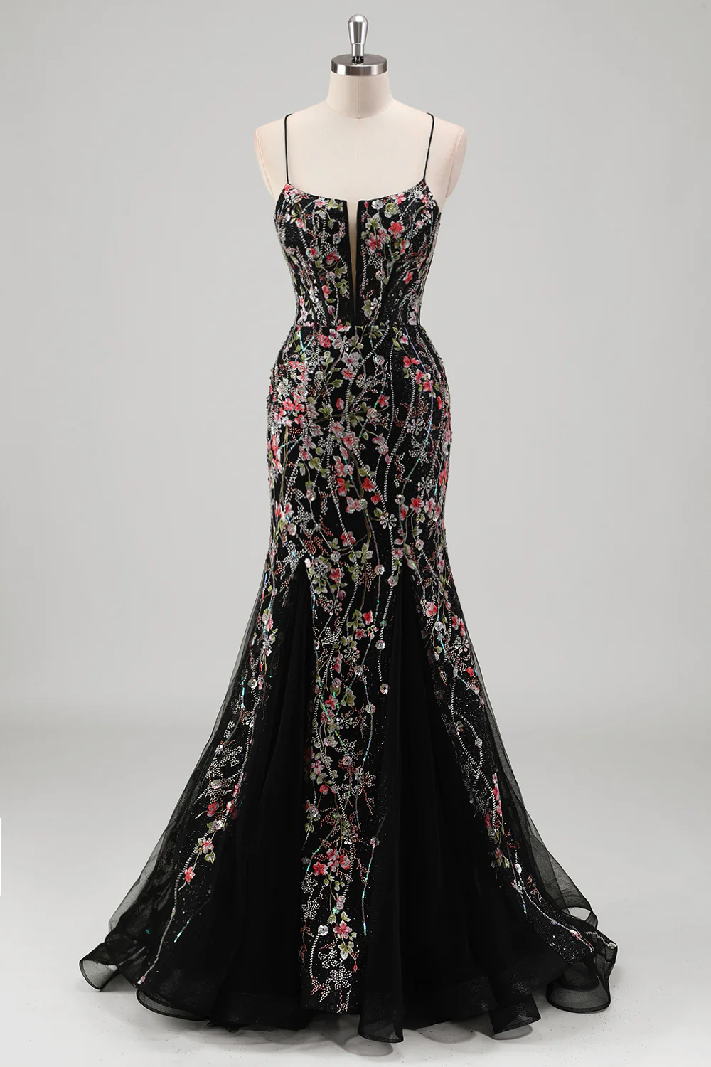 Black Mermaid Spaghetti Straps Corset Long Prom Dress with Appliques - VNBITS