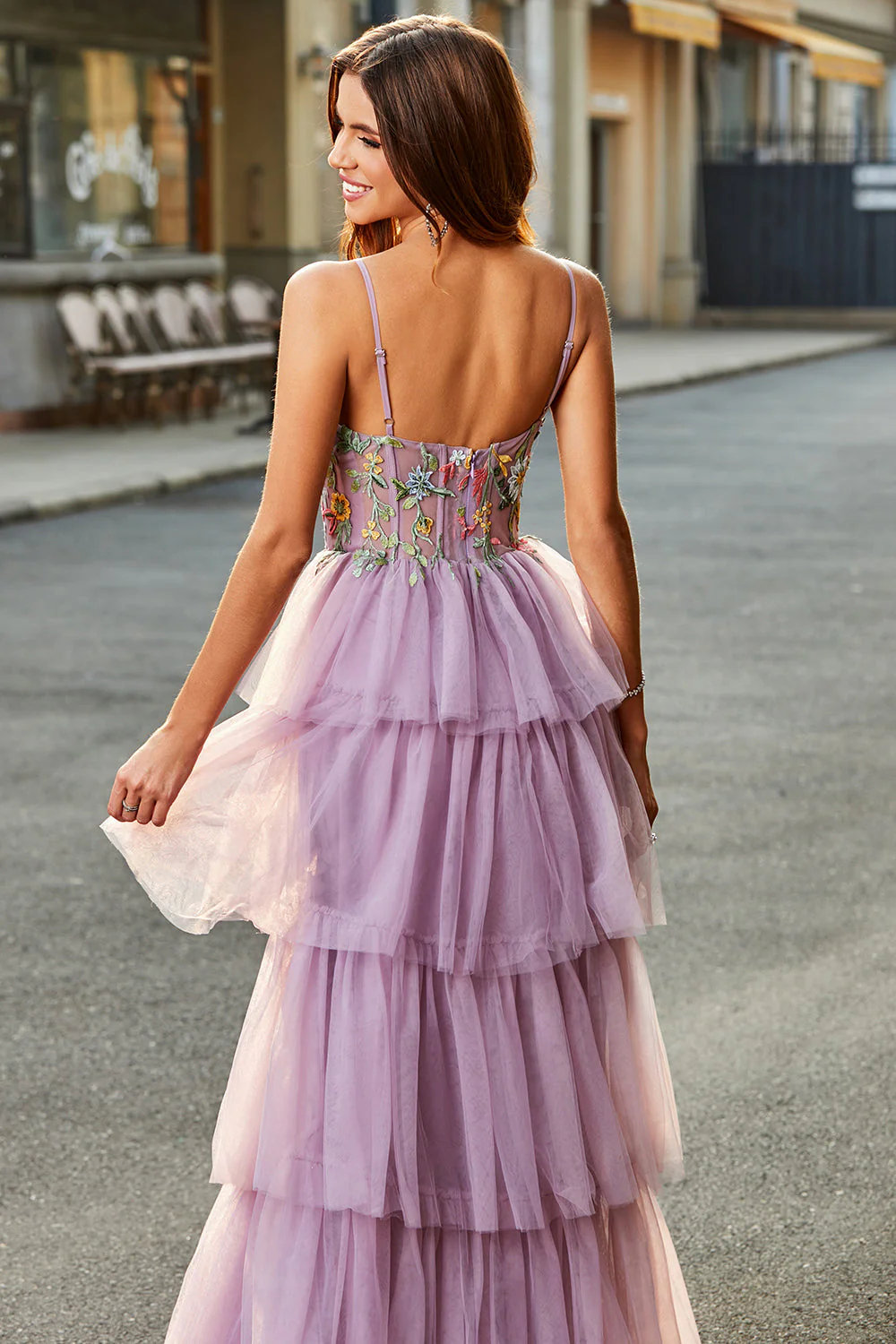 A-Line Tulle Long Corset Tiered Mauve Prom Dress With Appliques - VNBITS