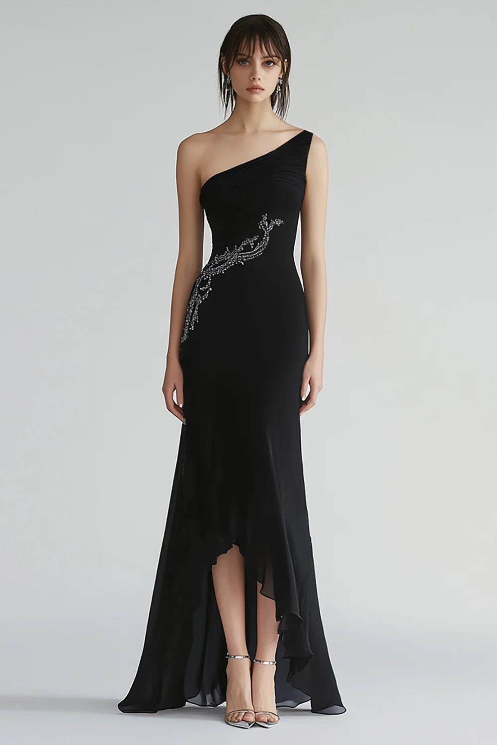Sparkly Chiffon One Shoulder Long Black Tie Dress with Beading - VNBITS