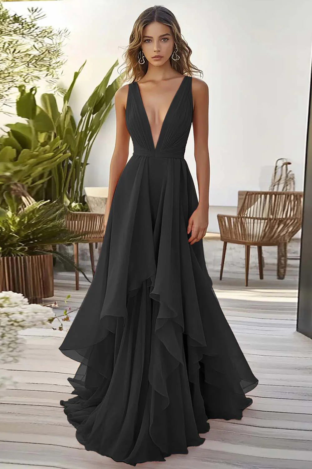 Dusty Blue Chiffon Deep V-Neck A Line Long Wedding Guest Dress with Ruffles - VNBITS