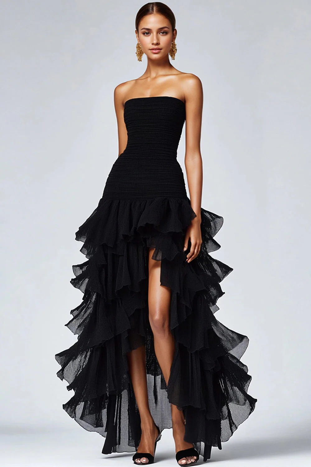 A Line Black Strapless Tiered Formal Dress with Slit - VNBITS