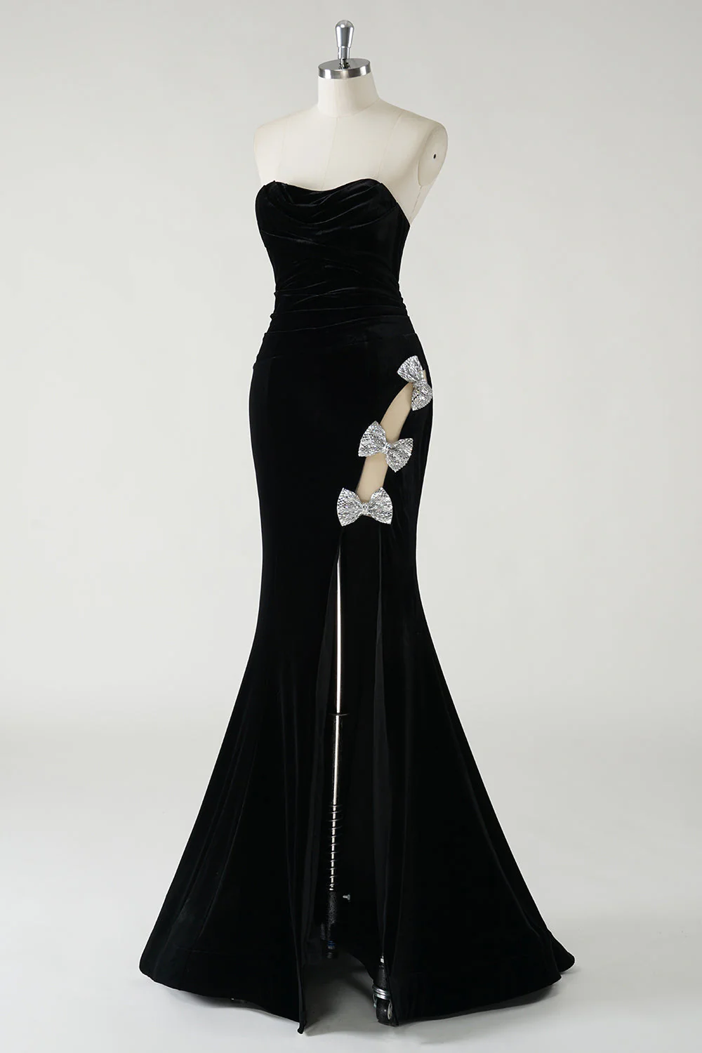 Black Strapless Velvet Sparkly Bows Long Formal Dress With High Slit (Not Gloves) - VNBITS
