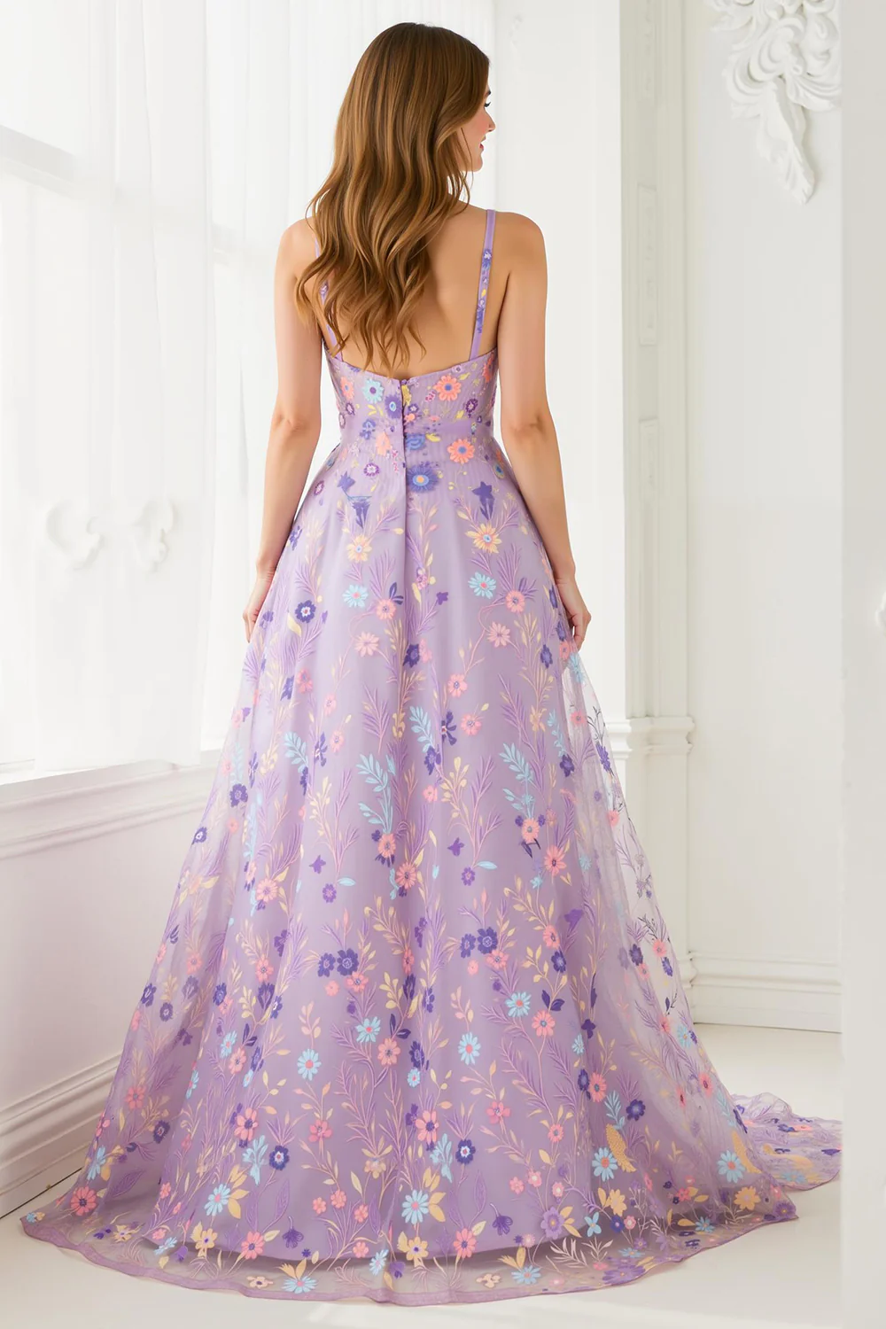 Lilac Floral A Line Embroidered V-Neck Long Prom Dress - VNBITS