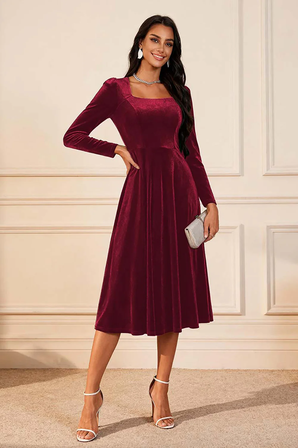Dark Green A Line Velvet Midi Glitter Holiday Party Dress with Sleeves - VNBITS