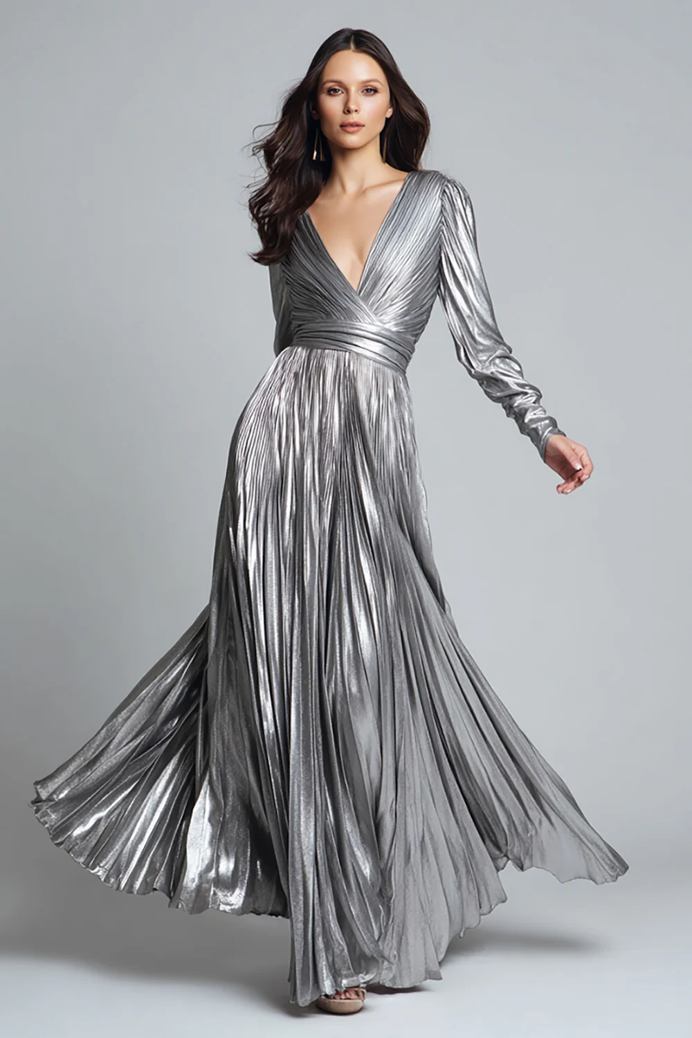 Sparkly Silver Metallic Pleated A-Line Long Formal Dress with Sleeves - VNBITS