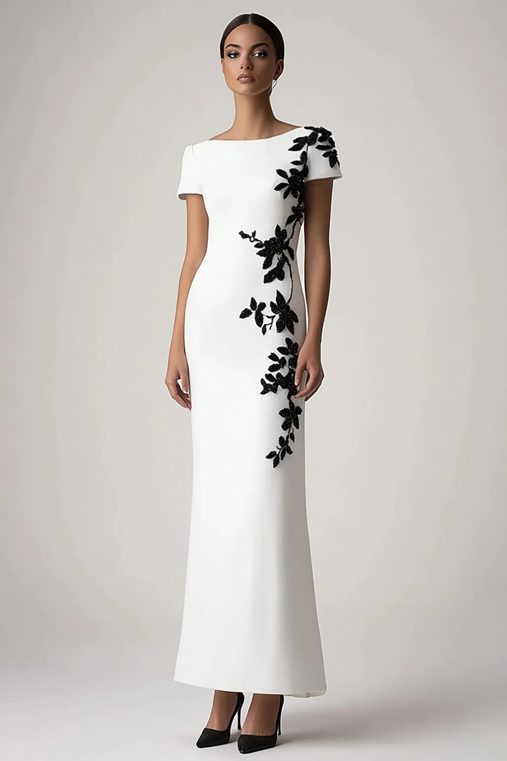 Appliqued White Sheath Long Formal Dress with Short Sleeves - VNBITS