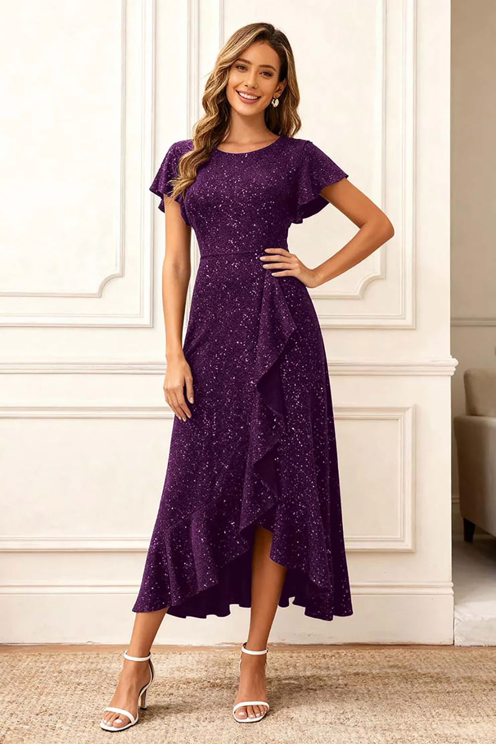 Black Round Neck Midi Glitter Holiday Party Dress with Sleeves - VNBITS