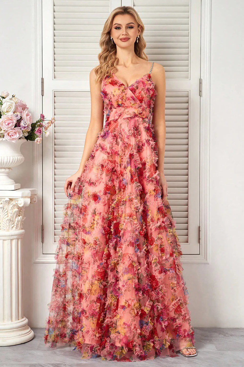 Floral Blush A Line Spaghetti Straps Long Prom Dress with Ruffles - VNBITS
