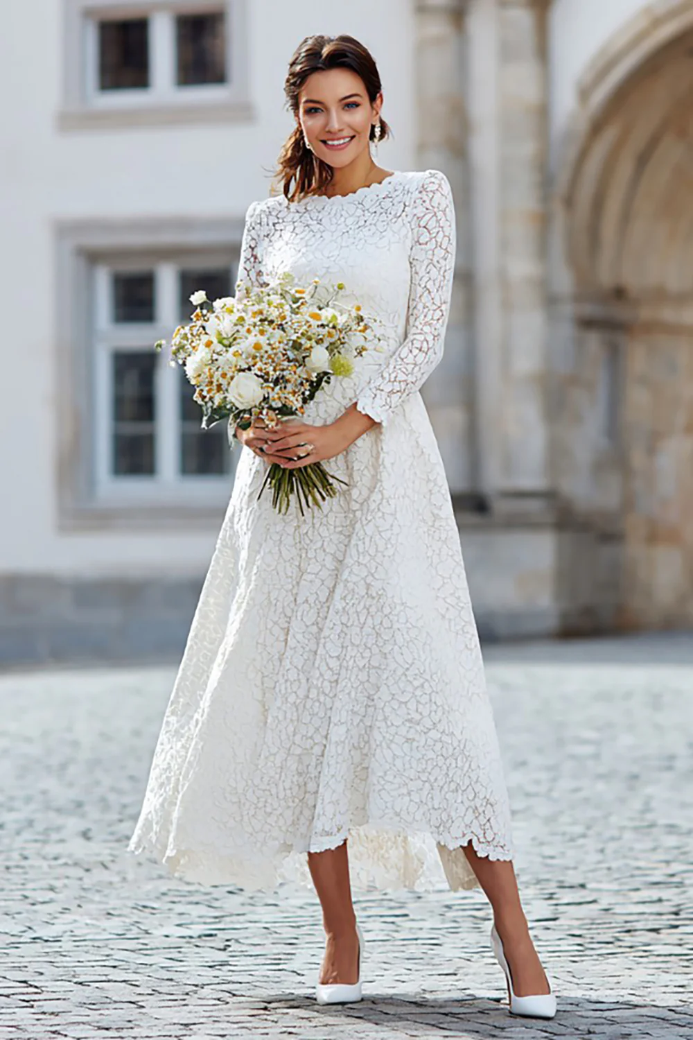 Ivory A Line Lave Long Sleeves Engagement Dress - VNBITS