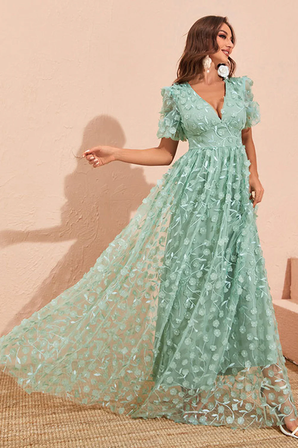Green A Line Puff Sleeves Prom Dress with Appliques - VNBITS
