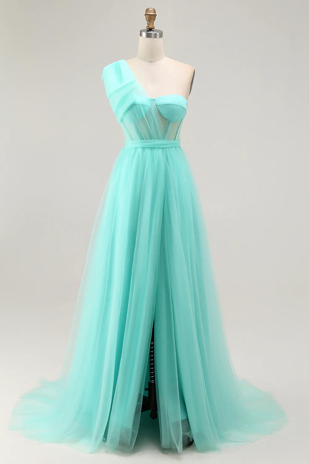 Mint Green Corset One Shoulder A Line Long Wedding Guest Dress with Slit - VNBITS