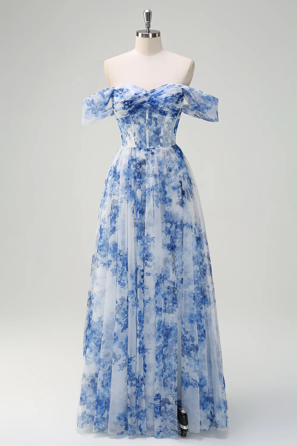 White Blue Flower Off The Shoulder Corset Long Bridesmaid Dress with Slit - VNBITS