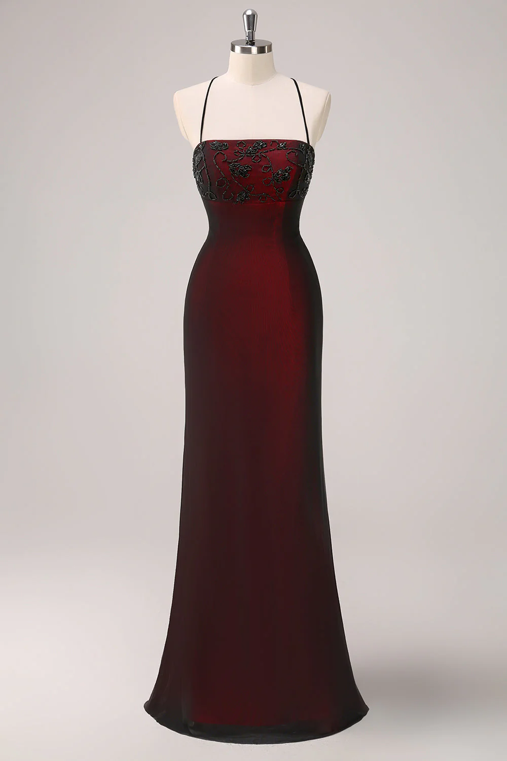 Black Red Spaghetti Straps Mermaid Long Bridesmaid Dress with Beading - VNBITS