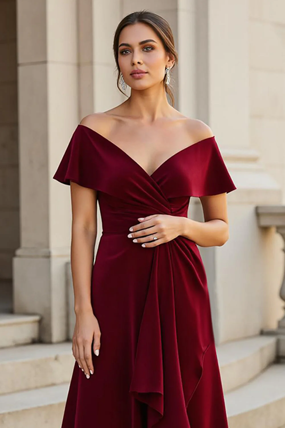 Burgundy A Line V-Neck Satin Long Mother of the Bride Dress with Ruffles - VNBITS