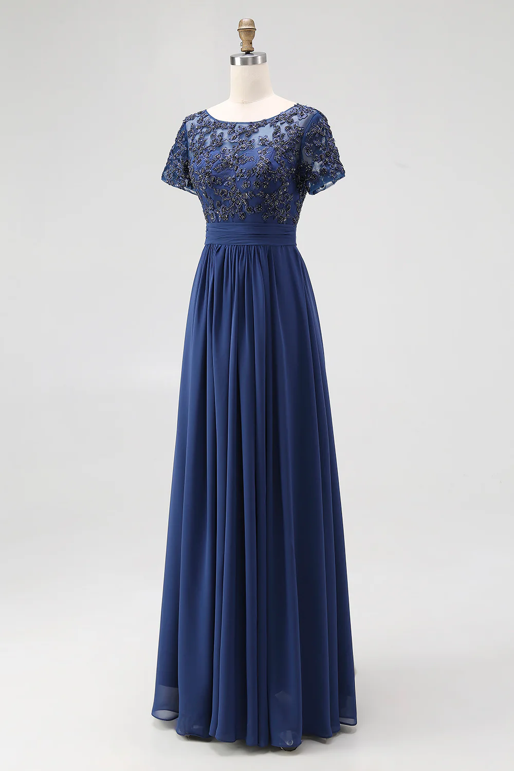 Navy Boat Neck Appliques A-Line Long Mother Of the Bride Dress with Sleeves - VNBITS