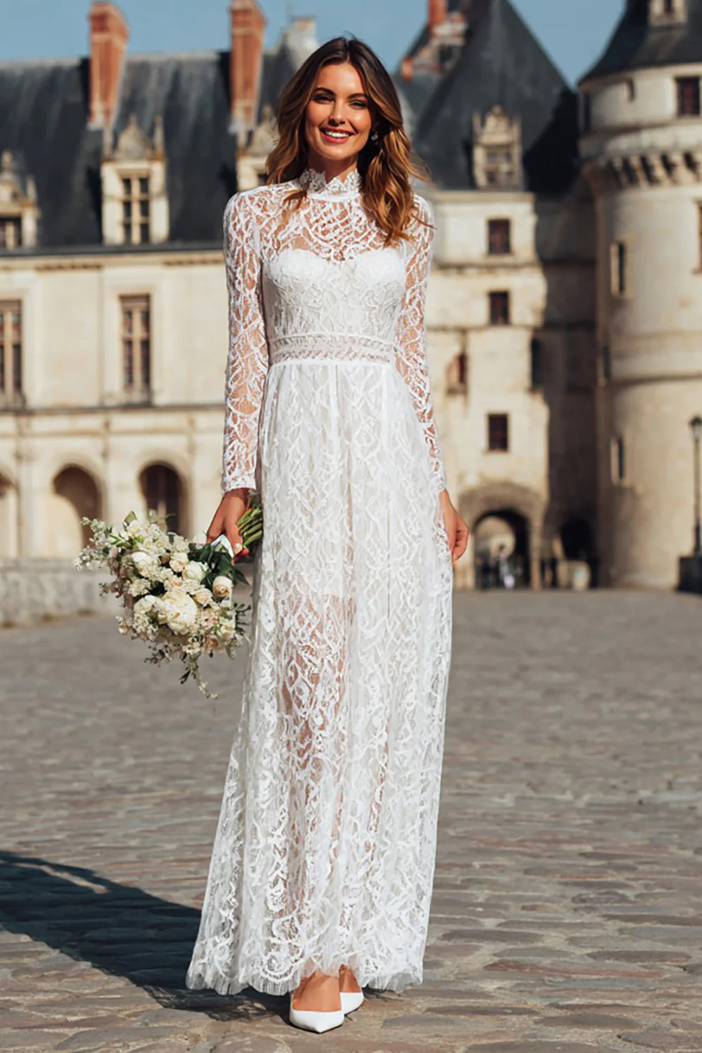 Ivory Sheath High Neck Long Boho Wedding Dress with Sleeves - VNBITS