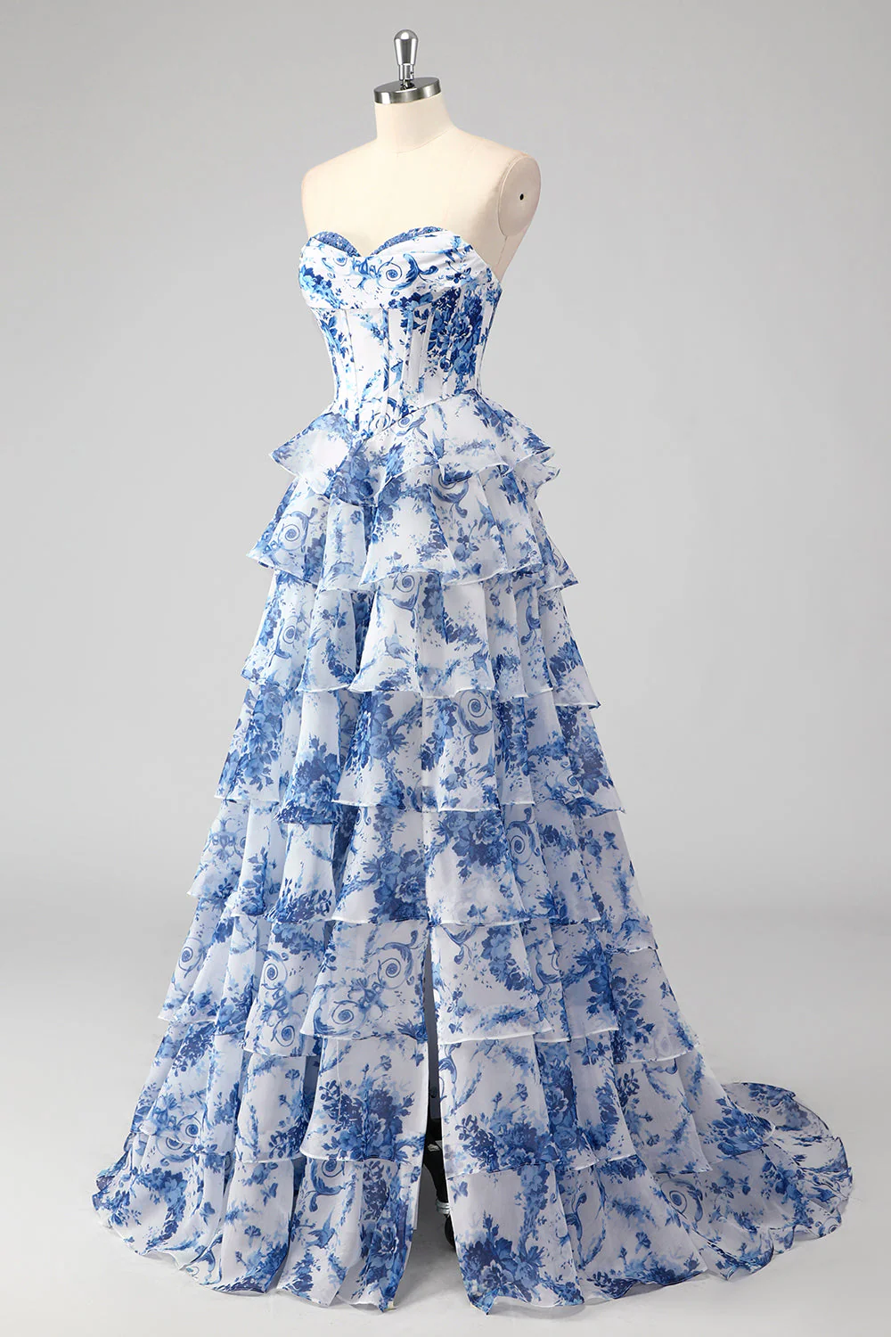 Blue White Flower A-Line Sweetheart Tiered Long Prom Dress with Slit - VNBITS