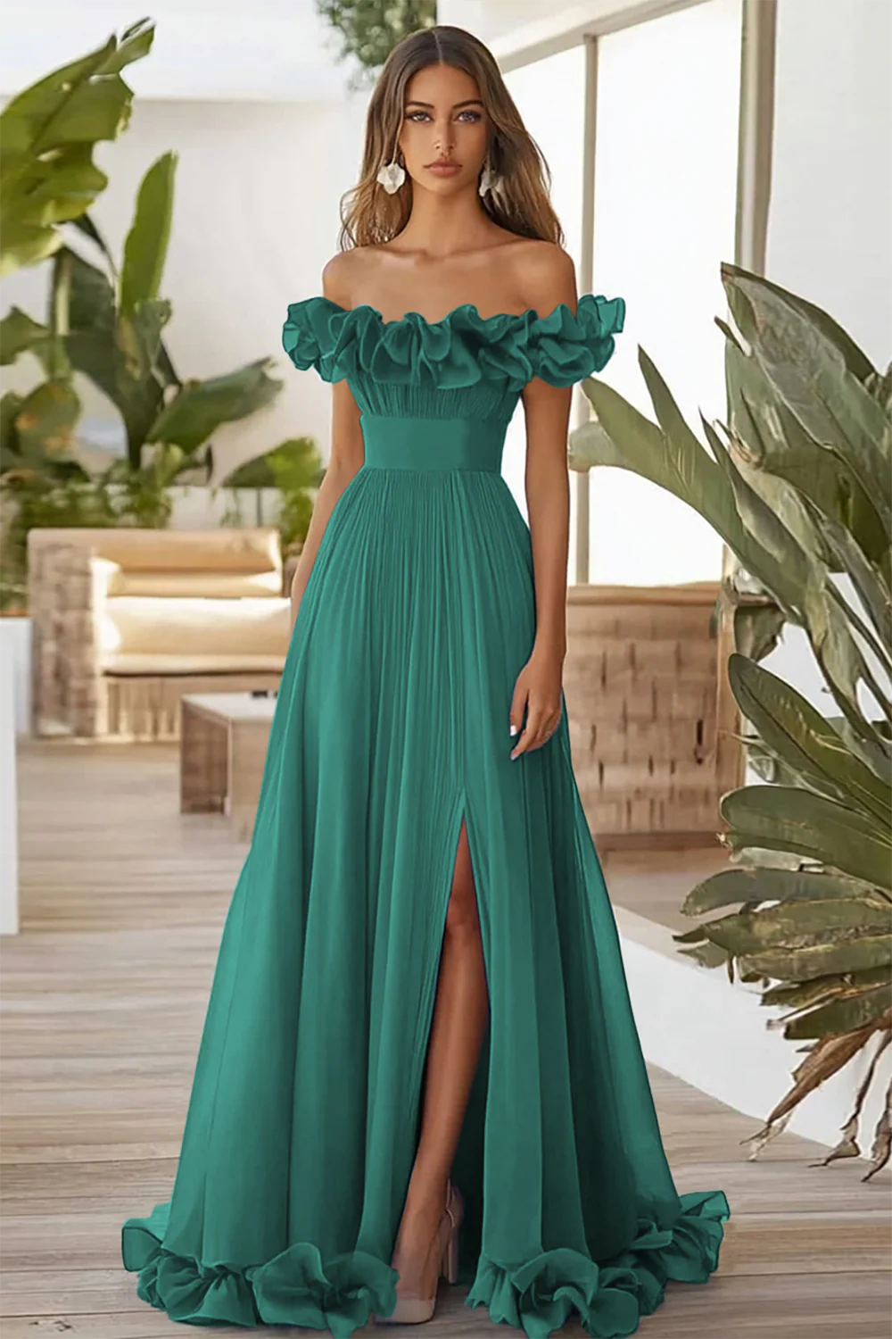 Dark Navy A Line Off the Shoulder Long Formal Dress with Slit - VNBITS