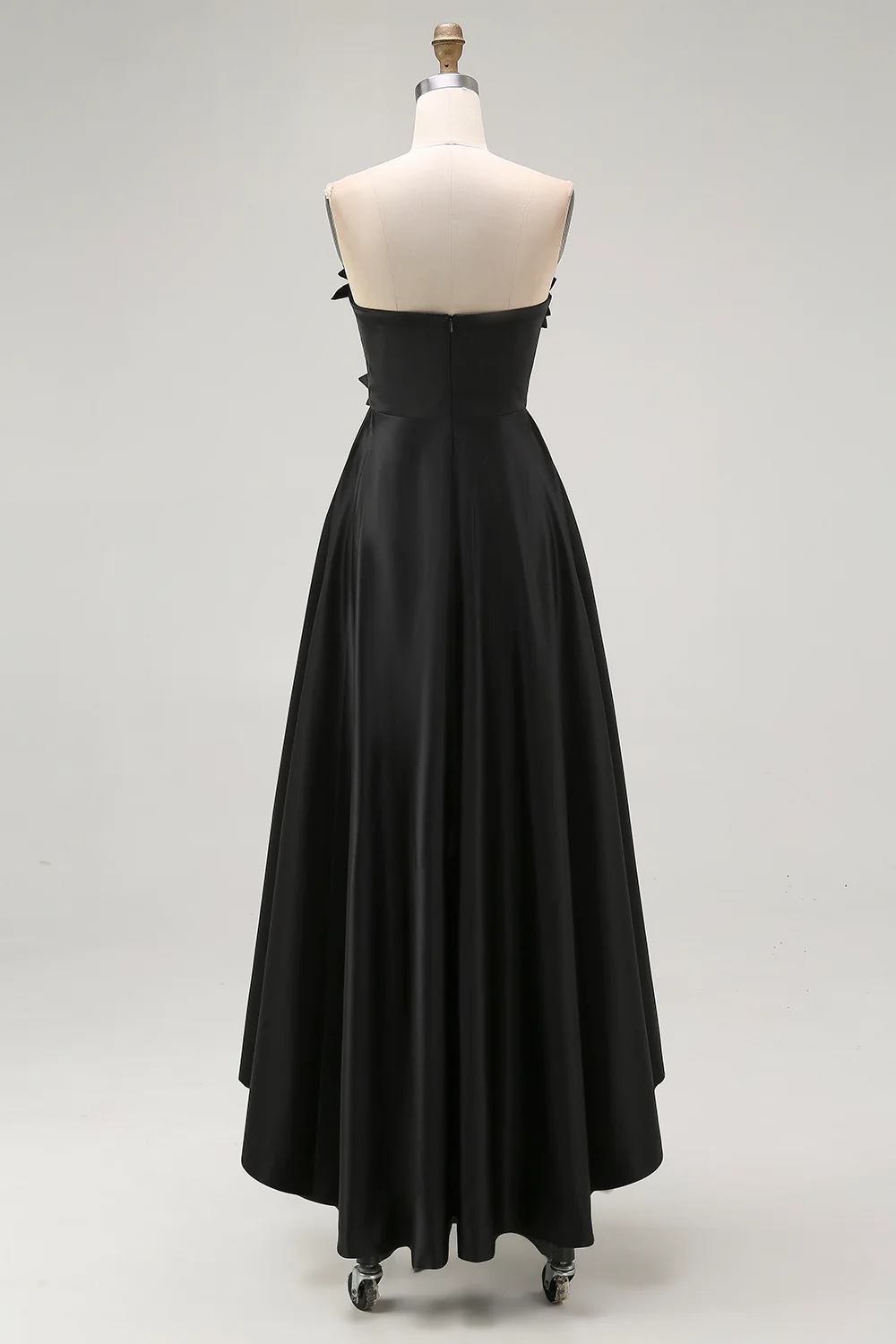 Black A-Line Strapless Ruffled Satin High-Low Formal Dress with 3D Flowers - VNBITS
