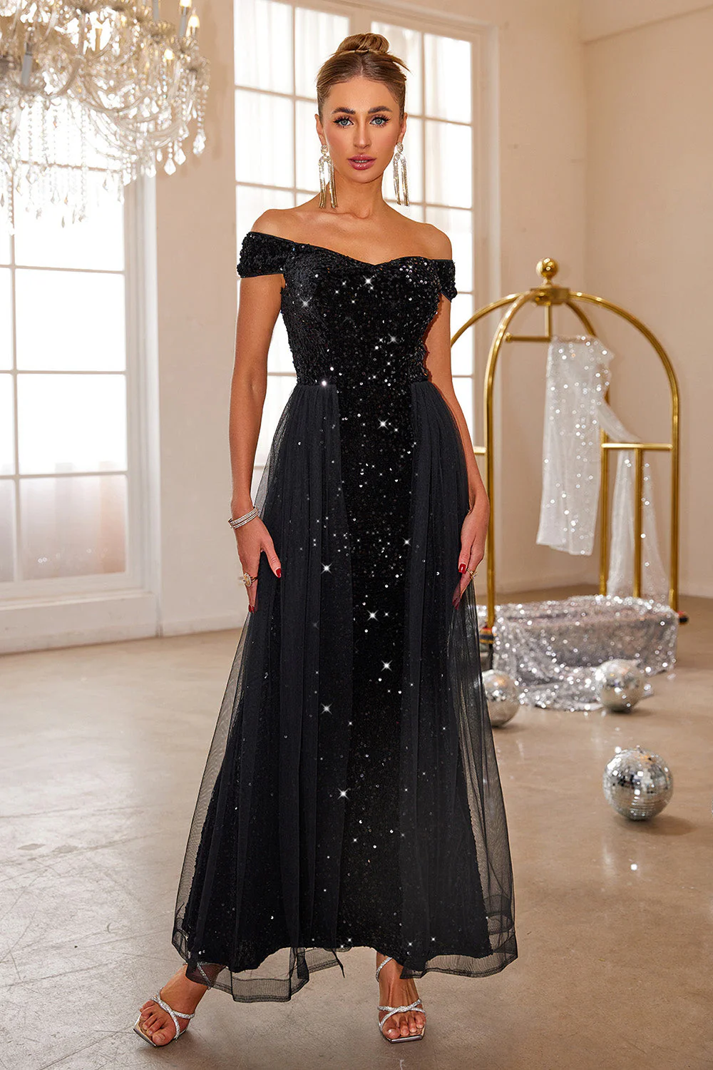 Black Mermaid Off The Shoulder Sequin Long Prom Dress With Tulle - VNBITS