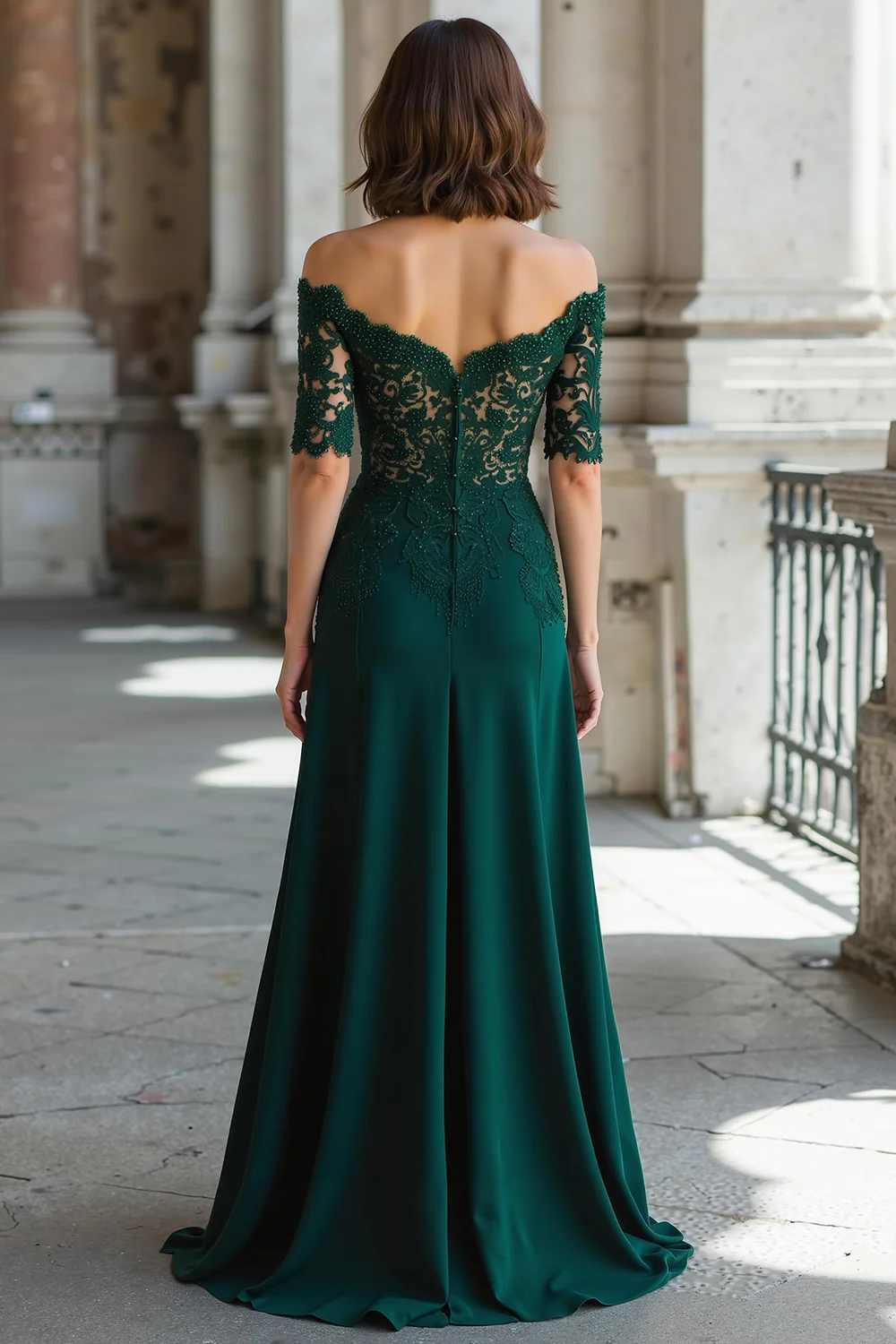 Dark Green Off the Shoulder Chiffon Sheath Long Mother of the Bride Dress with Lace - VNBITS
