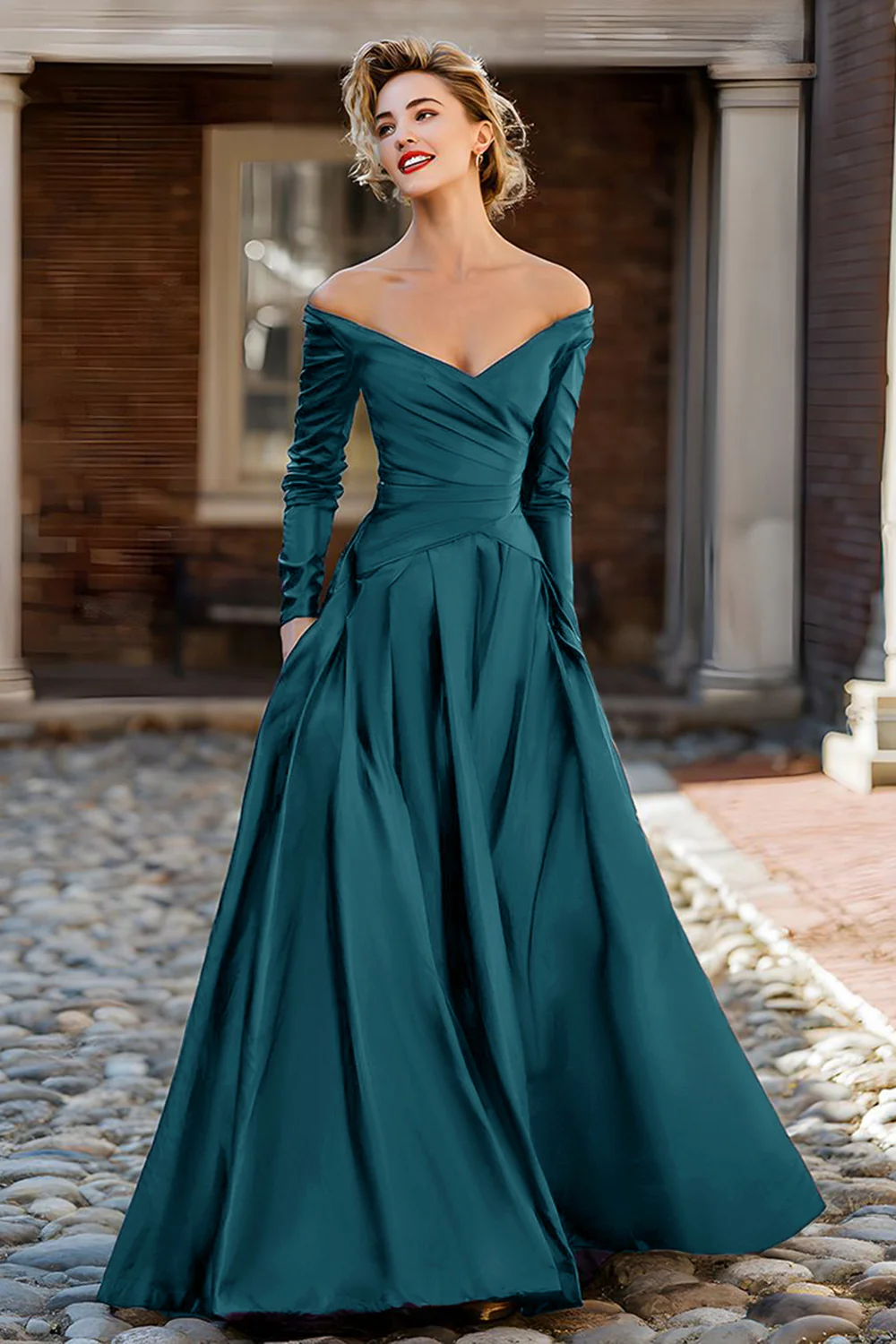 Plum Off the Shoulder A Line Long Mother of the Bride Dress with Sleeves - VNBITS