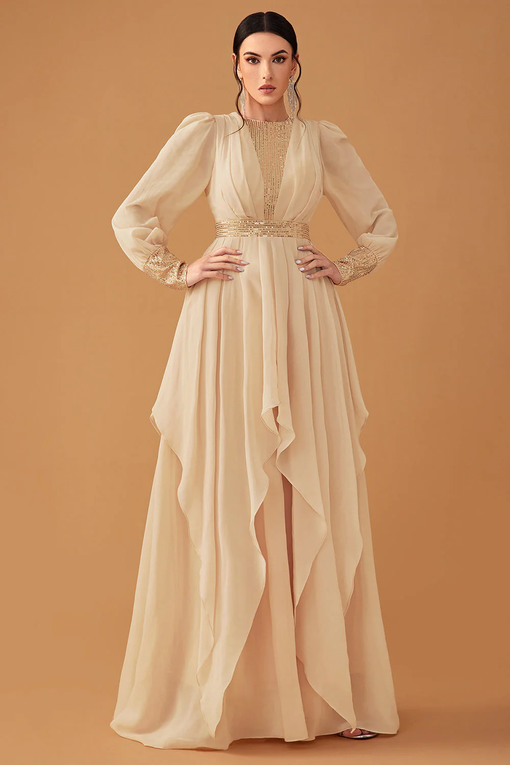 Champagne Ruffles A Line Long Prom Dress with Long Sleeves - VNBITS