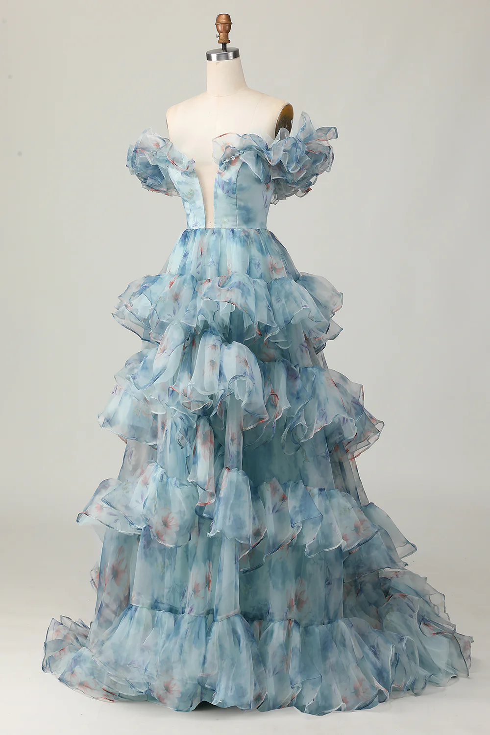Floral Blue Off the Shoulder A Line Long Prom Dress with Ruffled - VNBITS
