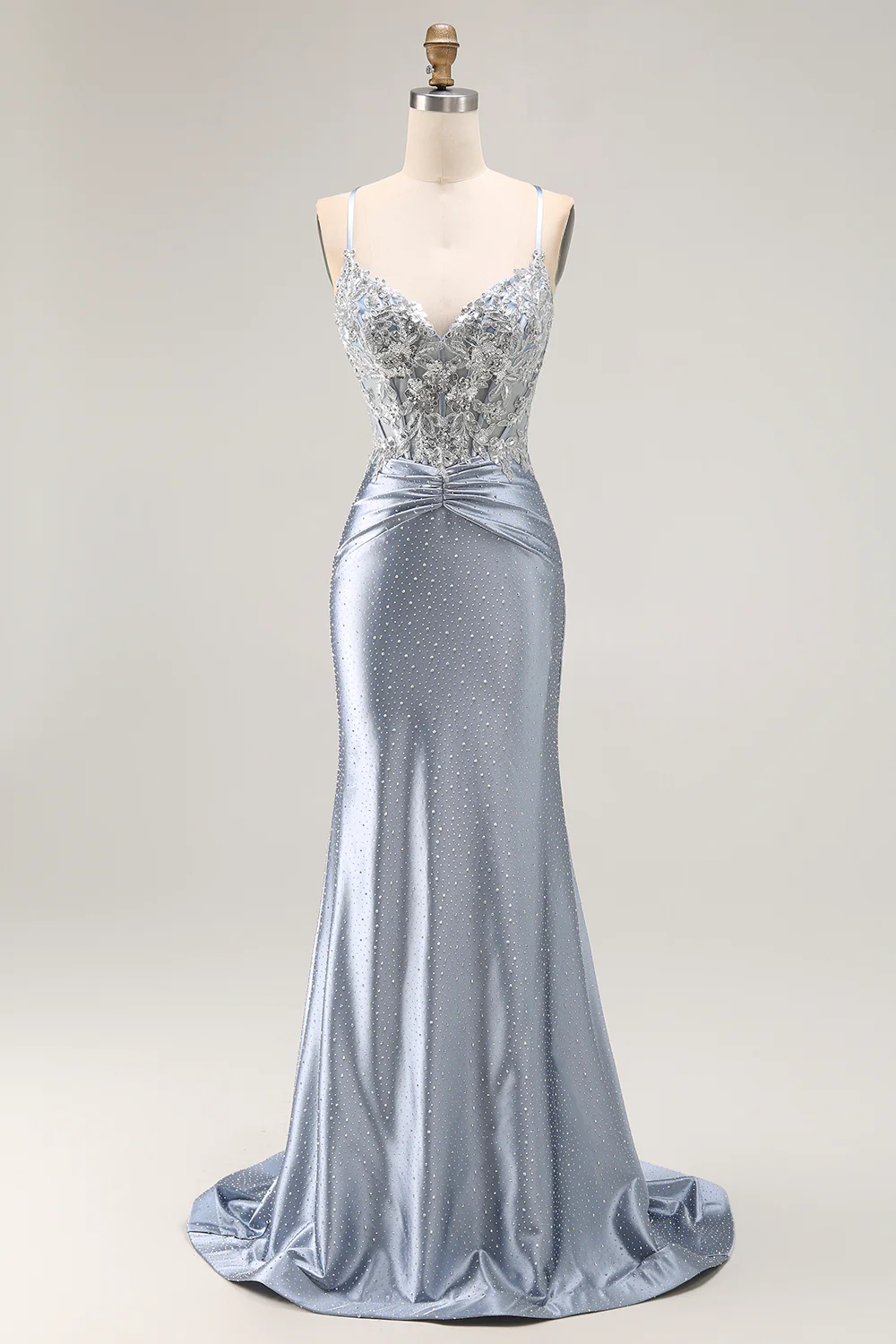 Sparkly Grey Blue Corset Mermaid Beaded Long Prom Dress with Appliques - VNBITS