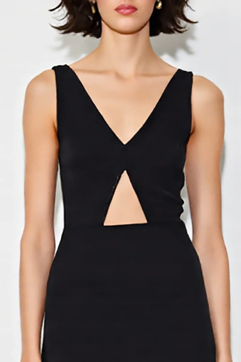 Satin A Line V-Neck Cut Out Long Black Tie Dress - VNBITS