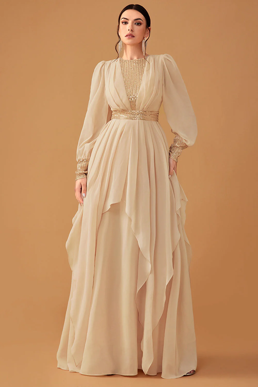 Champagne Ruffles A Line Long Prom Dress with Long Sleeves - VNBITS