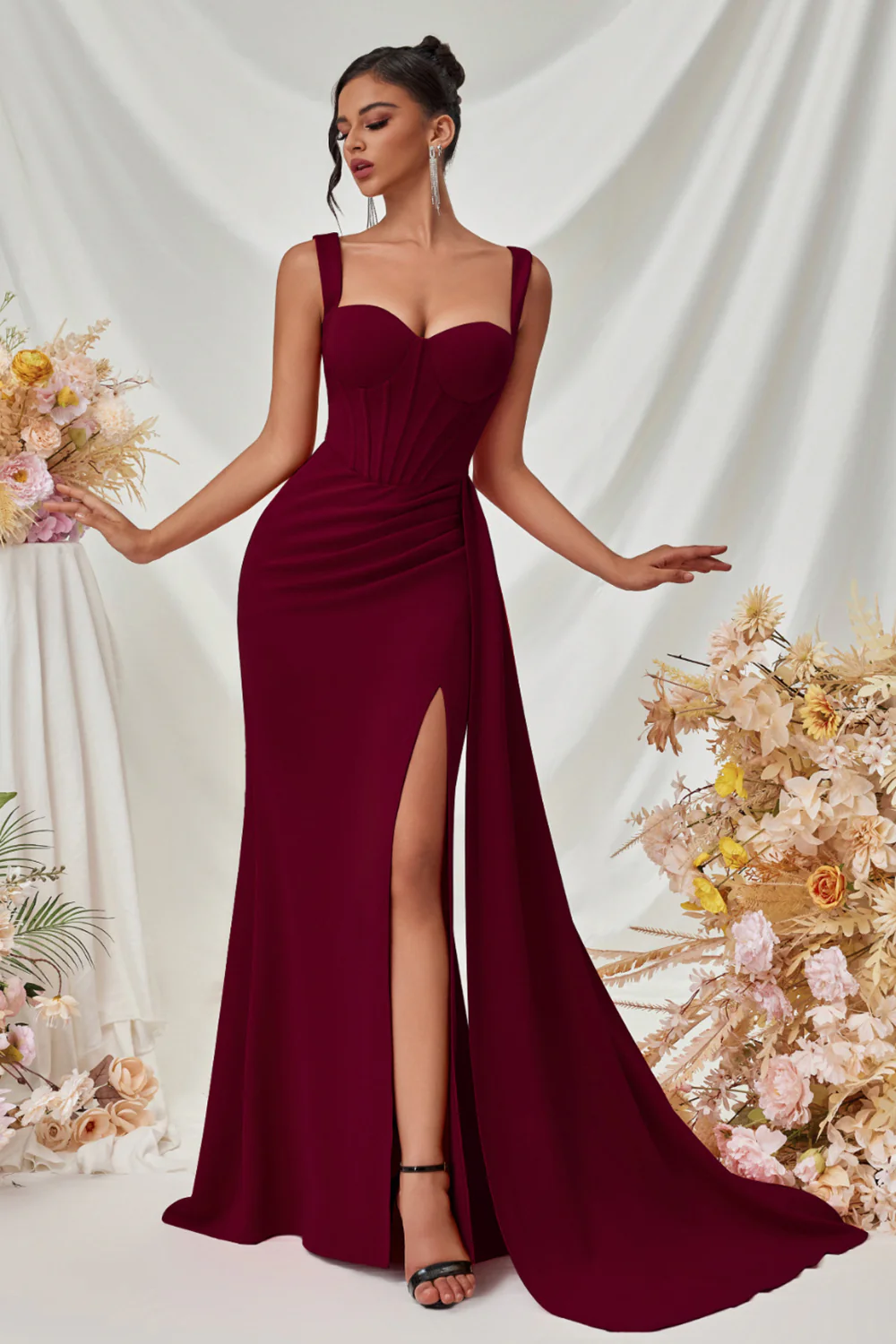 Simple Black Mermaid Long Prom Dress with Side Cape - VNBITS