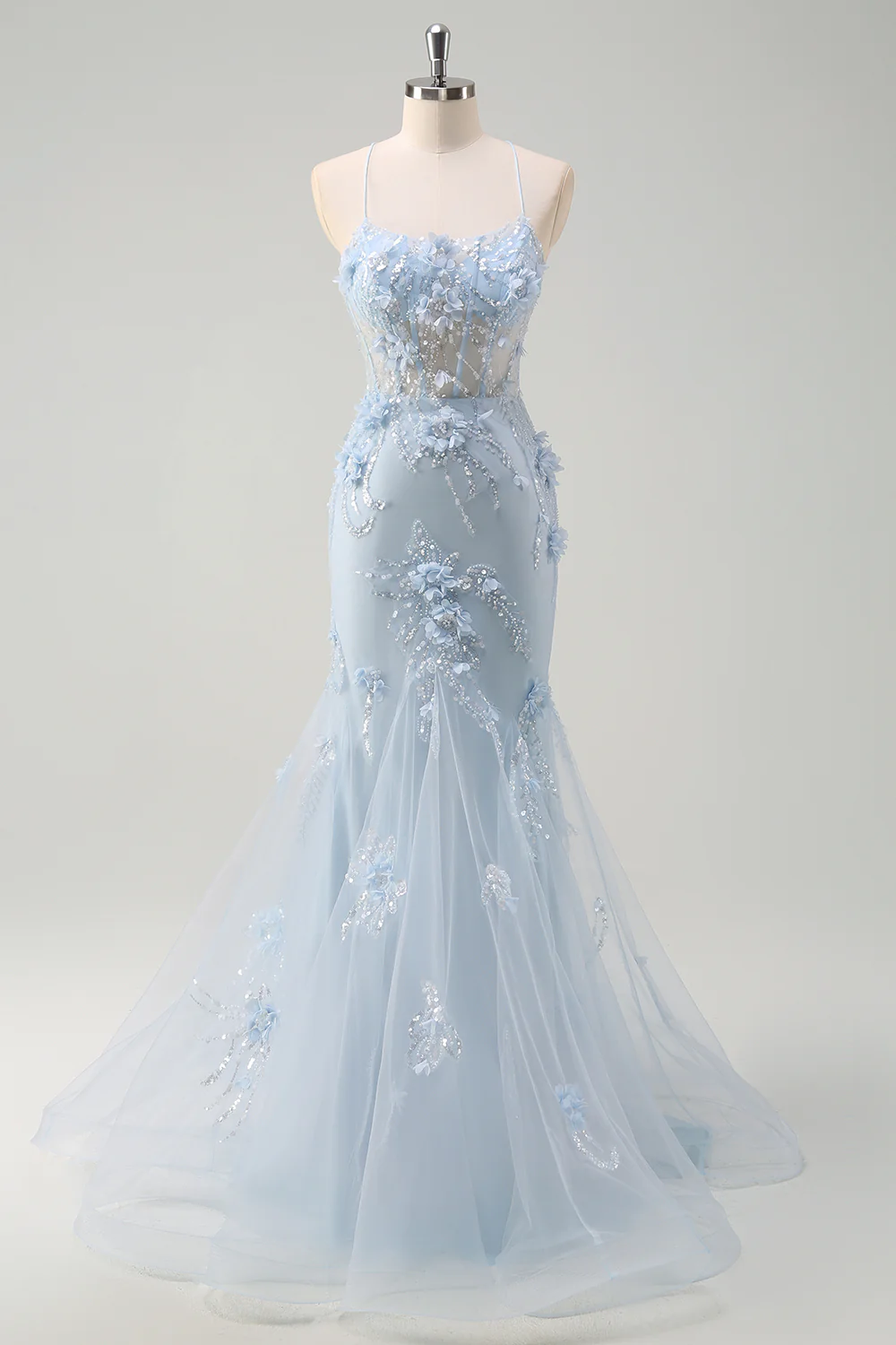Sparkly Blue Mermaid Long Prom Dress with 3D Flowers - VNBITS