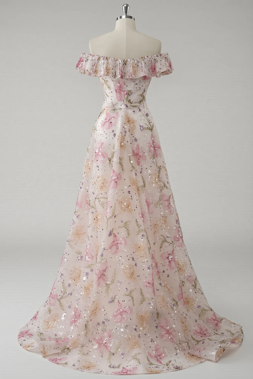 Sparkly Pink Off the Shoulder Floral A Line Long Prom Dress with Ruffles - VNBITS