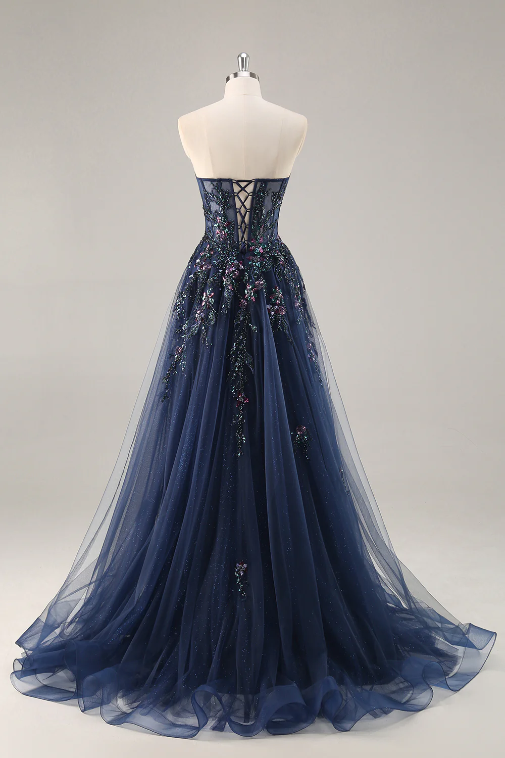 Sparkly Navy Corset Sweetheart Long Prom Dress with Appliques - VNBITS
