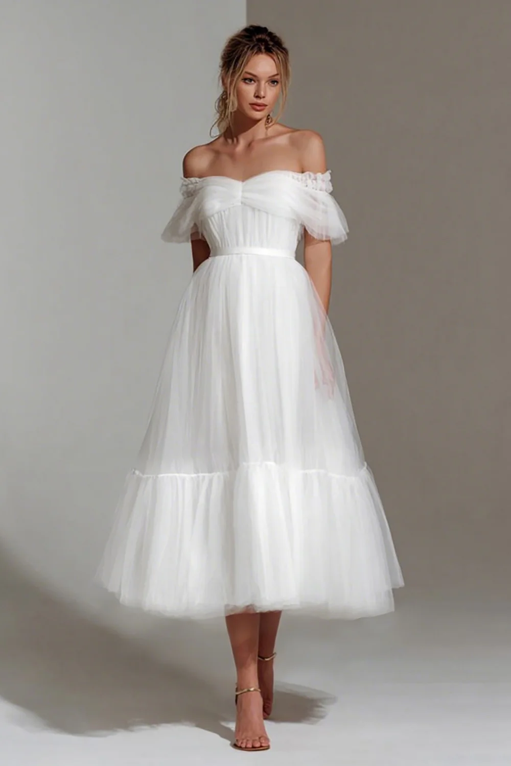 White Tulle Off the Shoulder A Line Midi Engagement Dress - VNBITS