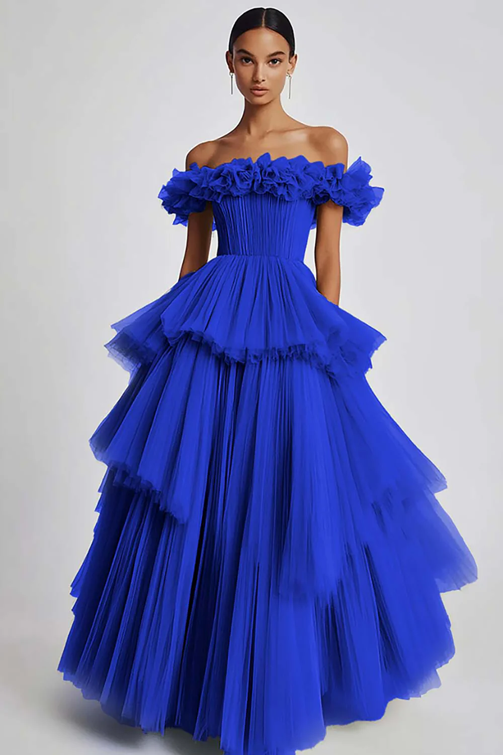 Dusty Sage Tulle Off the Shoulder Long Formal Dress with Ruffles - VNBITS