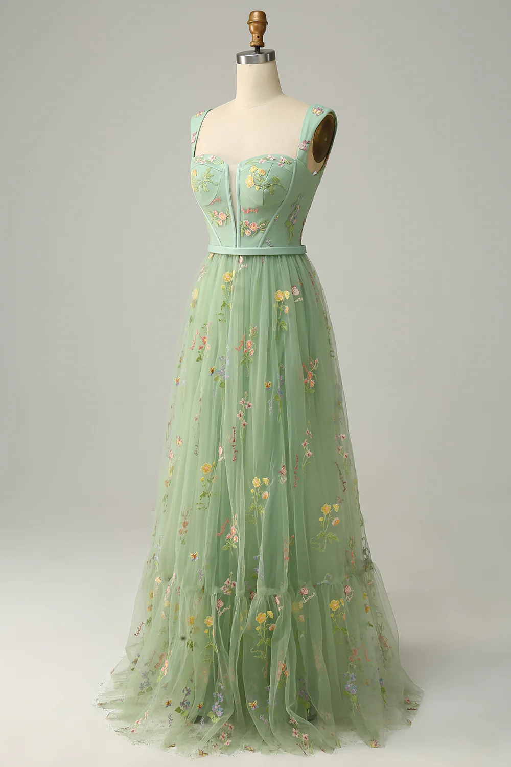 A Line Champagne Tulle Floral Prom Dress - VNBITS