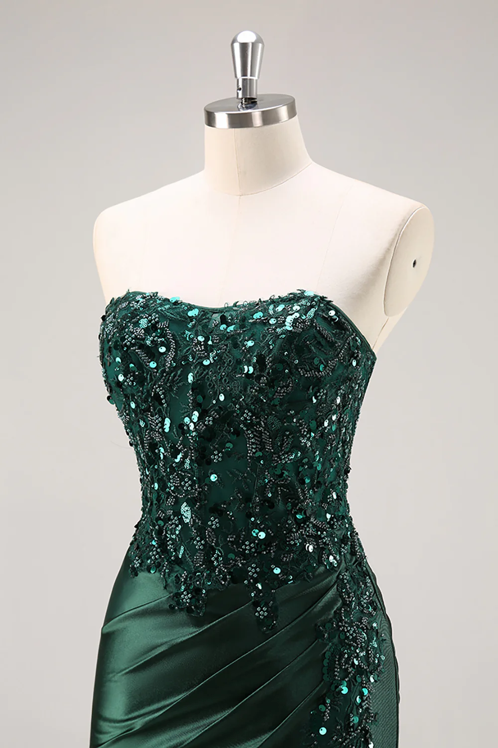 Sparkly Dark Green Corset Satin Mermaid Long Prom Dress with Slit - VNBITS