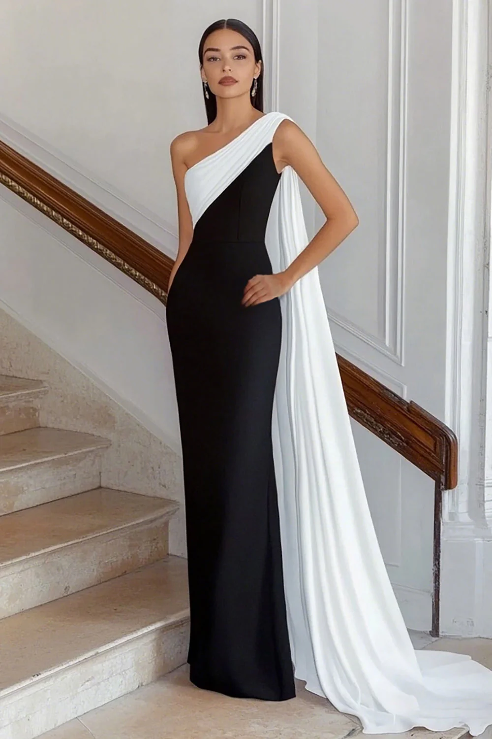 Black White Sheath One Shoulder Long Satin Formal Dress with Side Cape - VNBITS