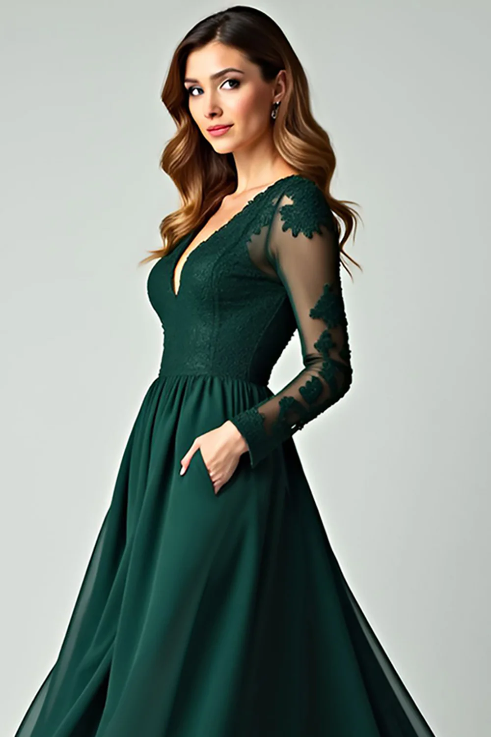 V-Neck Pine Appliqued Prom Dress with Long Sleeves - VNBITS
