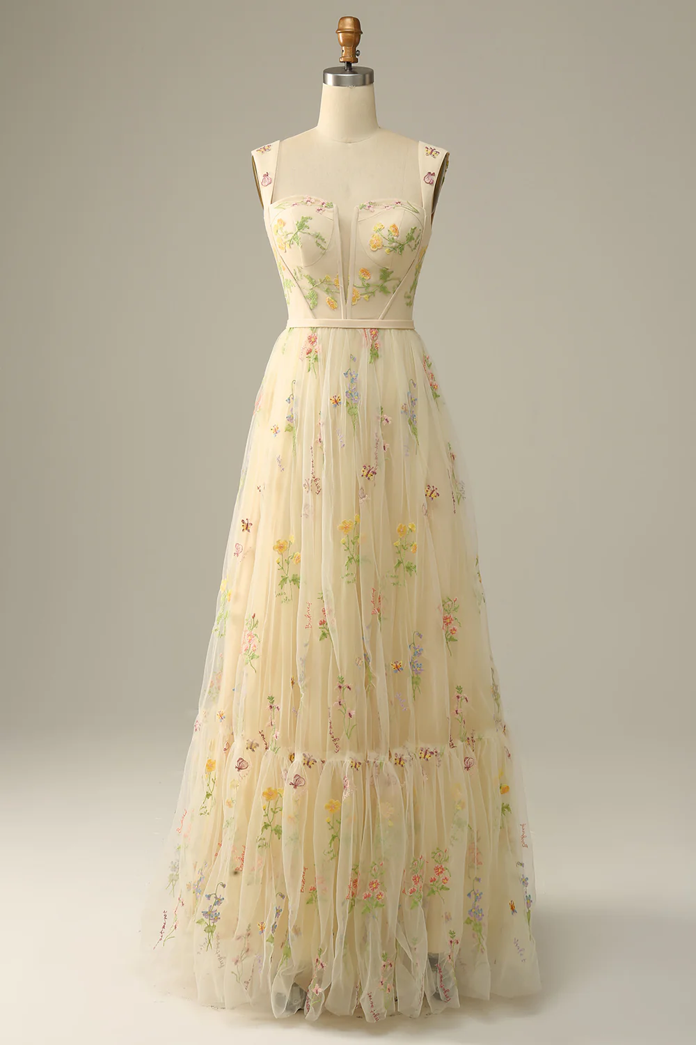 A Line Champagne Tulle Floral Prom Dress - VNBITS