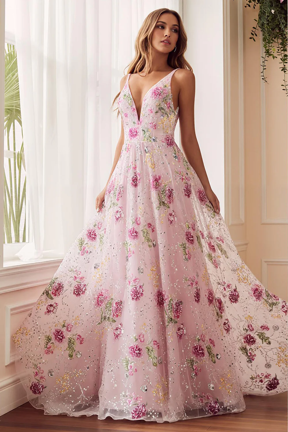 Sparkly Pink Embroidered Floral A Line V-Neck Long Prom Dress - VNBITS